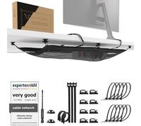 Desk wire organiser - Flexible under desk cable net, holds 10 kg, black | Flexible mesh · Secure screw mounting · Holds cables and extension leads · Easy access from all sides · Desk wire organiser