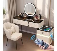 Desk with Wireless Charging Bluetooth Speaker Dressing Table with Mirror and Ders Make up Desk with Tri-colour Smart Round Mirror for Girl and Women (White + Black 80cm)