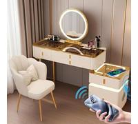 Desk with Wireless Charging Bluetooth Speaker Dressing Table with Mirror and Ders Make up Desk with Tri-colour Smart Round Mirror for Girl and Women (White + Teal 80cm)