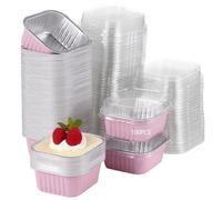 Deskium 100 Foil Cake Boxes With Lids, Mini Square Disposable Ramekins, Cupcake Pans, Dessert Containers, For Parties, Weddings, Birthdays
