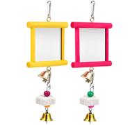 Deskium 2 Pcs Chicken Mirror Toys with Bells and Beak Grinding Molar Stone, Wood Bird Parrot Hanging Swing Toy for Hens, Chicken Accessories for Coop, Red and Yellow, 4.7 x 6.3 x 1.6 in