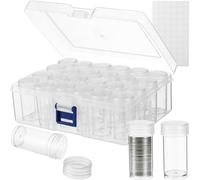 Deskium 24 Pcs Coin Storage Tubes, Cent Nickel Dime Round Tubes with Clear Plastic Organizer Box and Label Stickers, Moisture-Resistant Display Case for Coin Collecting Supplies