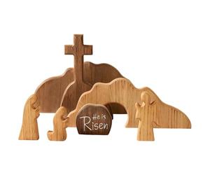 Deskium Empty Tomb Christian Easter Scene Decoration, 7-Piece Wooden Resurrection Tabletop Decor Set, Jesus Grave & He is Risen Mountain Figurine, 10.6 x 6.5 x 2 in, Religious Home Office Display