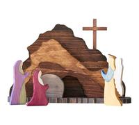 Deskium He is Risen Easter Decor, Religious Easter Decorations for Home, Wooden Jesus Nativity Scene with Tomb Shape Background, Multi-Colored Cross, Ideal for Christian Easter Decoration and Gifts
