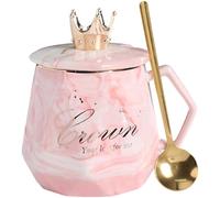 Deskium Pink Crown Mug Gift Set with Heating Coaster, Spoon, Lid, 13.6-16.9 fl oz Bone China Coffee Ceramic Cup, Ideal Birthday, Valentine's Day Gifts for Women