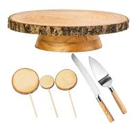 Deskium Rotating Wooden Cake Stand With Natural Wood Edge, Includes Cake Knives, And Slice Cake Topper, 10-12 In Rustic Display Pedestal And Cake Cutting Set For Weddings