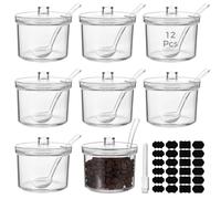 Deskium Sugar Acrylic Containers, 12 Pcs 6.7 Oz Clear Bowl With Spoon And Lid For Countertop, 200 Ml Canisters For Tea Coffee Spice Plus 24 Labels & Pen