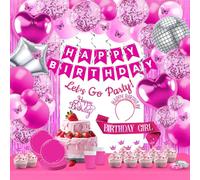 DESKSA Hot Pink Birthday Decorations for Women - Happy Birthday Banner Pink Party Decorations for Girls Fringe Backdrop Foil Heart Balloons Party Supplies for 10th 13th 16th 18th 21st Birthdays 122PCS