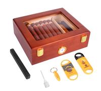Desktop Cigar Humidor Box, Glass Top Cigar humidor with Hygrometer, Humidifier, Spanish Cedar Humidor with Cigar Cutters and Punch, Wooden Cigar Box Holds 20-30 Cigars, Humidor Cigar Box for Men Gifts