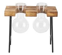 Desktop Glass Planter Wooden Stand Bulb Glass Vase Hydroponics Plant for Home Office (Two bottles + bench)