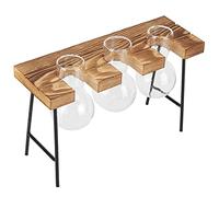 Desktop Glass Planter Wooden Stand Bulb Glass Vase Hydroponics Plant Planter for Home Office Garden (Three bottles + bench)