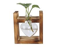 Desktop Glass Vase with Vintage Wooden Frame, Creative Heart Shaped Vintage Style Hydroponics Vase, Plant Terrarium Stand for Home Office Garden Decoration Plant Lover(Retro Box + 1 Heart Bottle)