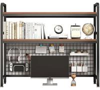 Desktop Hutch Bookshelf,Metal Desk Shelf Bookcase with Grid Panel, Countertop Storage Organizer Rack for Dorm or Office Desktop Bookshelf for Computer Desk