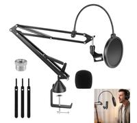 Desktop Mic Boom Arm Kit, Foldable for Streaming & Gaming, with Cable Ties | Fits Blue Yeti / HyperX / Fifine,Desk Clamp Mount,Dual-Layer Pop Filter,360° Adjustable Positioning,3/8" to 5/8" Adapter