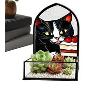 Desktop Organizer Box Faux Stained Glass Cute Cat Centerpiece