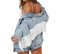Deslimale Women's Oversized Denim Jacket, Fringe Jacket Blue, Medium