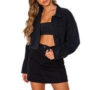 Deslimale Women's Oversized Denim Jacket, Washed Crop Jacket Black, XL