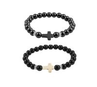 Desnuage Black Gloss Matte Obsidian Beaded Cross Stackable Bracelet Set Two Tone Black White Natural Stone Cross Stackable For Couple Graduation Anniversary Vacation Date Party Gift