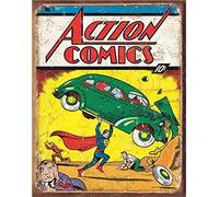 Desperate Enterprises Action Comics No 1 Cover Tin Sign - Nostalgic Vintage Metal Wall Decor - Made in USA
