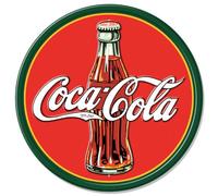 Desperate Enterprises Coca-Cola 30's Bottle & Logo Round Aluminum Sign with Embossed Edge - Nostalgic Vintage Metal Wall Décor - Made in USA