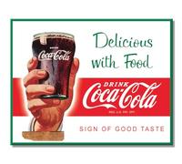 Desperate Enterprises Delicious with Food - Coca-Cola Tin Sign - Nostalgic Vintage Metal Wall Decor - Made in USA