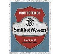 Desperate Enterprises Protected By Smith & Wesson Tin Sign - Nostalgic Vintage Metal Wall Décor - Made in USA