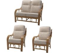 Desser Madrid Light Oak Natural Rattan 2 Seater Sofa & 2 Armchairs Indoor Real Cane Conservatory Suite W/ Uk Sewn Jasper Cushions
