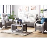 Desser Turin Grey 3 Seater Sofa & 2 Armchairs Indoor Real Cane Rattan Conservatory Suite With Uk Sewn Duke Grey Stripe Cushions