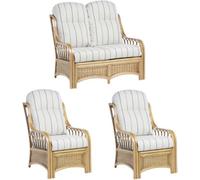 Desser Vale Light Oak 2 Seater Sofa & 2 Armchairs Indoor Real Cane Rattan Conservatory Suite With Uk Sewn Cushions In Linen Taupe