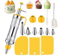 Dessert Cake Decorating Syringe, Stainless Steel Icing Piping Tips Cake Decorating Tools, Piping Icing Syringe Set, DIY Frosting Baking Tools with 6 Pcs Nozzles, Handle Cleaning Brush and Scrapers