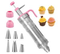 Dessert Decorating Syringe Set, Including 1 Frosting Dispenser Gun 6 Piping Tips & 2 Converters Stainless Steel Cake Decorating Kit Reusable Icing Piping Tools for Cakes Desserts