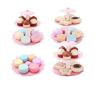 Desserts Tower Play Food Toy Set for Toddlers, 16 Piece Pretend Play Kitchen Accessories with Stand Base, Cakes, Cookies, Macarons for Preschool Tea Party