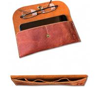 Dessi Tobacco Brown Crazy Horse Leather Cash Envelope and Smartphone Pouch with 2 Internal Pockets and Detachable Lanyard for Checkbook or Slim Glasses
