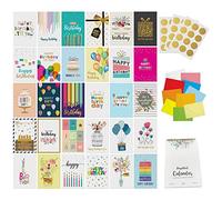 Dessie 30 Unique Happy Birthday Cards - 30 Gold Foil Birthday Cards Bulk With Message Inside. 32 White and Colored Envelopes, Perpetual Birthday Calendar and Gold Sealing Stickers Included In Box