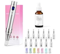 Dessnill 8-Speeds Dermapen Electric Microneedling Pen Microneedles Pen 0-2.5mm with 7 Model LED Light, with Hyaluronic Acid Facial Serum (Including 12 Needles Cartridges) (Silvery)