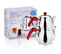 DESTALYA Turkish Teapot Set | Stainless Steel Double Tea Pots for Stove Top | Tea Maker with Handle | Samovar Style Self-Strained Tea Kettle | Water Heater Warmer (Mini with Red Handles)