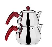 DESTALYA Turkish Teapot Set - Stainless Steel Double Tea Pots for Stove Top - Tea Maker with Handle - Samovar Style Self-Strained Tea Kettle - Water Heater Warmer (Midi with Red Handles)