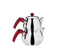 DESTALYA Turkish Teapot Set | Stainless Steel Double Tea Pots for Stove Top | Tea Maker with Handle | Samovar Style Self-Strained Tea Kettle | Water Heater Warmer (Mini with Red Handles)