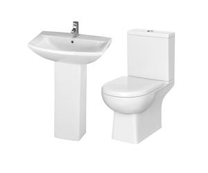 Destin Square Ceramic Set - Includes Close Coupled Toilet Pan, Cistern, Seat, 1 Tap Hole 600mm Basin & Full Pedestal - Balterley