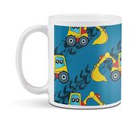Destination Vinyl Ltd 1 White Ceramic Mug Cup (11oz / 284ml) Blue Digger Construction Boys Kids for Coffee Tea Drinks Kitchen Office #170425