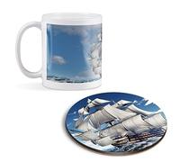 Destination Vinyl ltd 1 White Ceramic Mug Cup (11oz / 284ml) with 1 Round Wooden Cork Coaster HMS Victory Computer Art Sailing Ship Matching Set for Coffee Tea Drinks Kitchen #52965