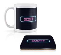 Destination Vinyl ltd 1 White Ceramic Mug Cup (11oz / 284ml) with 1 Square Wooden Cork Coaster Neon Sign Design Scott Name Matching Set for Coffee Tea Drinks Kitchen #352471