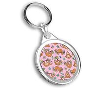 Destination Vinyl ltd 1 x Round Photo Keyring Pink Sloth Tropical Flowers Leaves |Keychain|Keyring|Charm| #170102