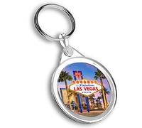 Destination Vinyl Ltd 1 x Round Photo Keyring Welcome to Las Vegas Sign Dusk |Keychain|Keyring|Charm| #52431