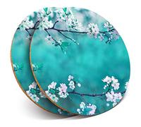 Destination Vinyl ltd 2 x MDF Glossy Top Coasters Round - Blue Sakura Blossom Flowers Tree 12697