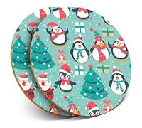 Destination Vinyl ltd 2 x MDF Glossy Top Coasters Round - Festive Penguins Christmas Xmas 12333