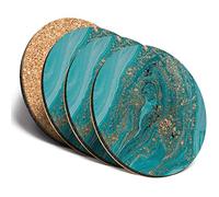 Destination Vinyl ltd 4 x Round MDF Turquoise Marble Effect Drink Glossy Coasters Teal Gold Ink Art #15196