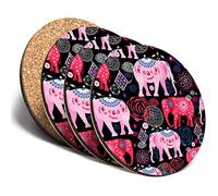 Destination Vinyl ltd Great Coasters (Set of 4) Round - Pink Indian Elephant Animals Drink Glossy Coasters/Tabletop Protection for Any Table Type #8405