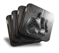 Destination Vinyl ltd Great Coasters (Set of 4) Square - BW - Retro Artistic Boxing Gloves Boxer Drink Glossy Coasters/Tabletop Protection for Any Table Type #41982