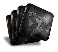 Destination Vinyl ltd Great Coasters (Set of 4) Square - BW - World Map Earth Travel Drink Glossy Coasters/Tabletop Protection for Any Table Type #39592
